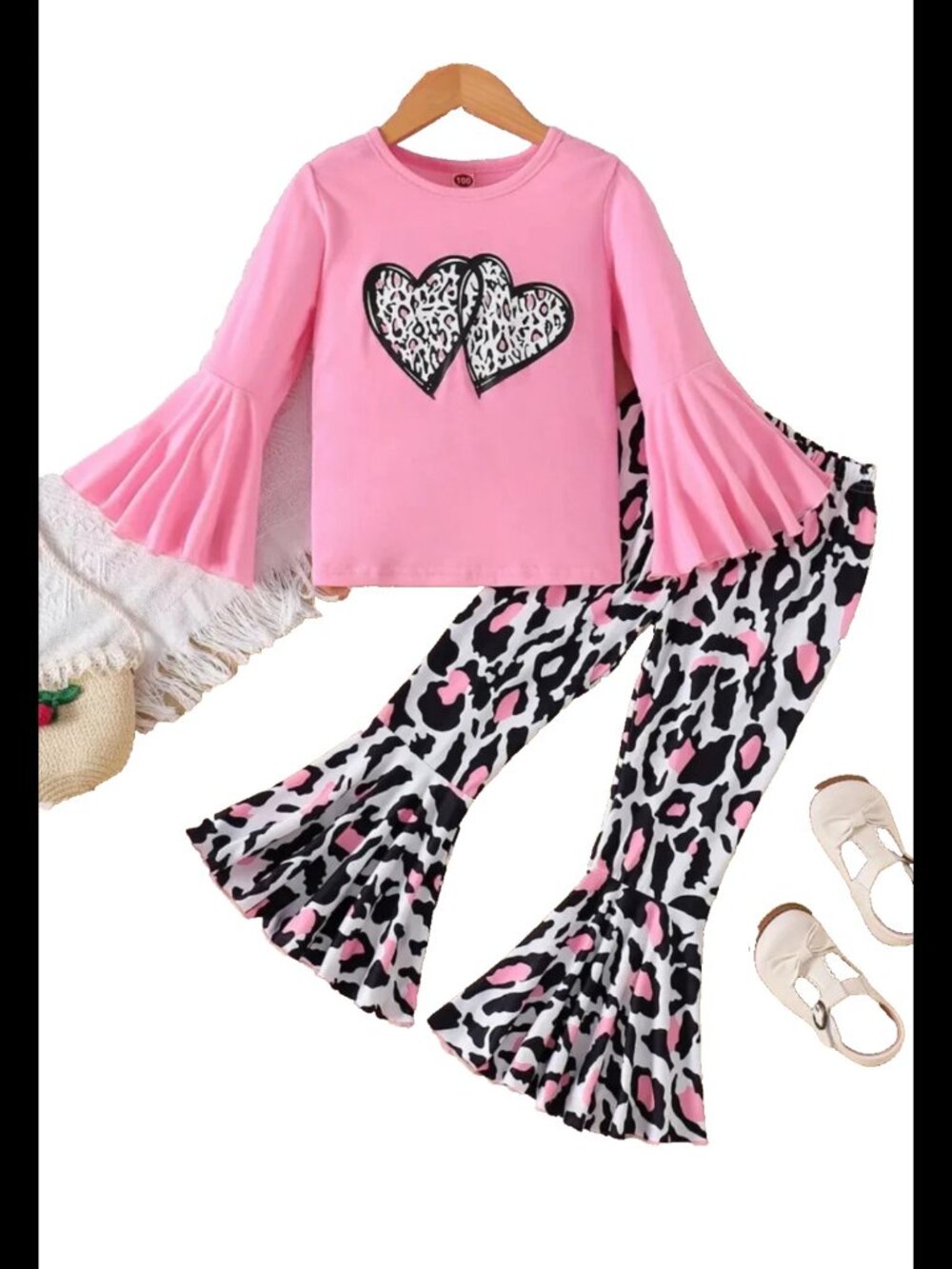 New Girls Love Print Trumpet Long Sleeve T-shirt + Cow Print Trumpet Size 3-4